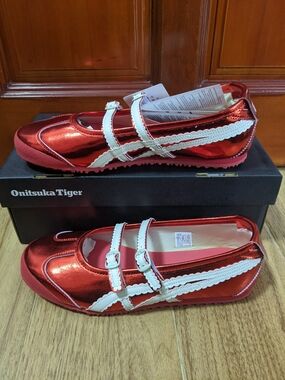 Onitsuka Tiger Mary Jane Shoes Red Metallic Cream Straps Women’s 8.5 NWT